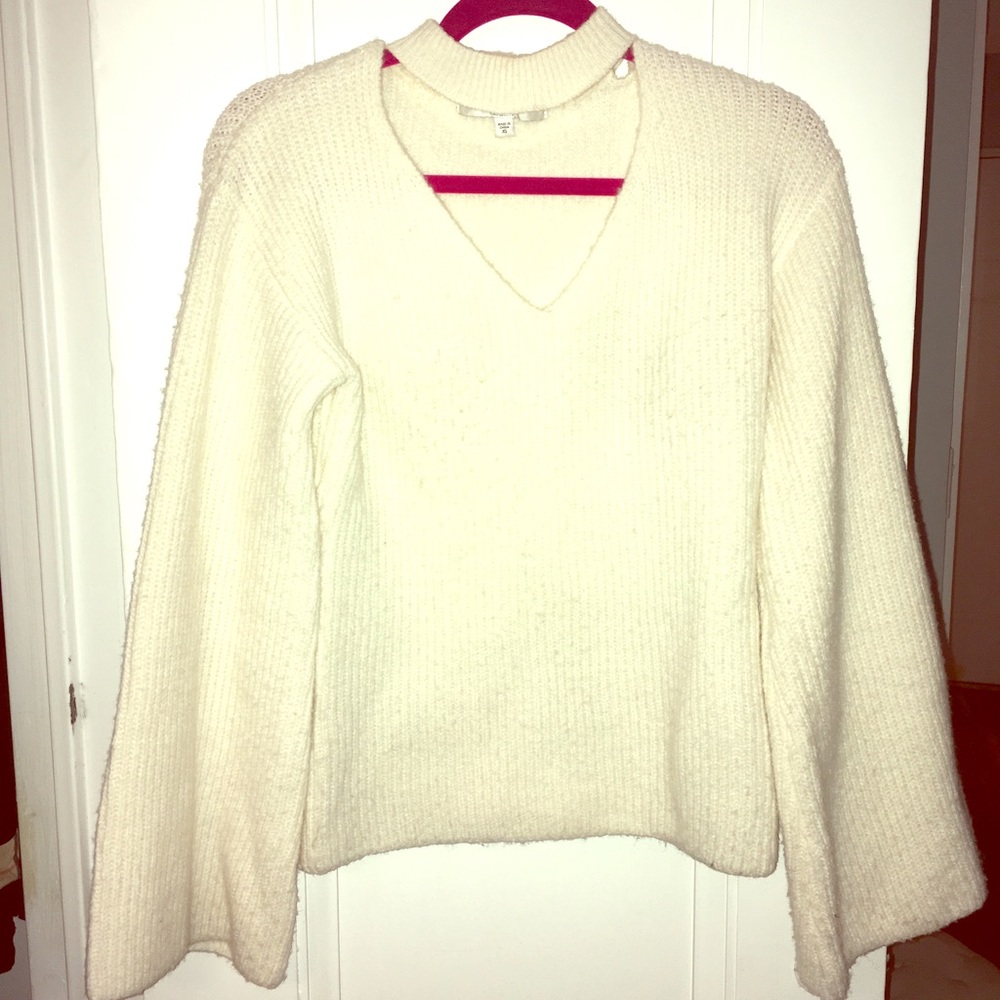 Guess cream bell sleeve choker neck sweater
